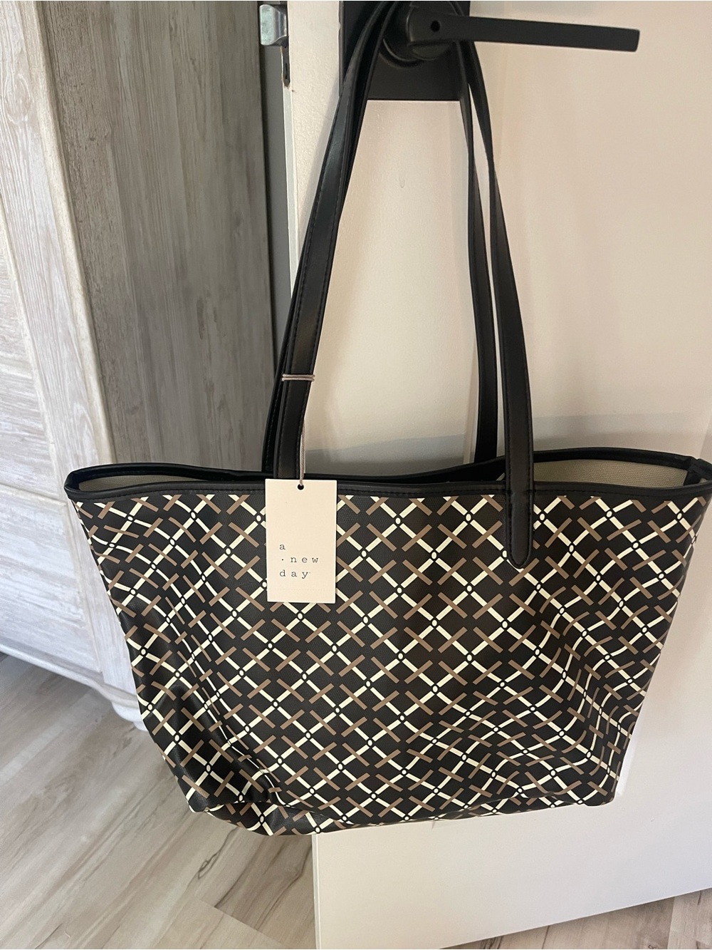 a new day Black Tote with Cream Lattice Pattern